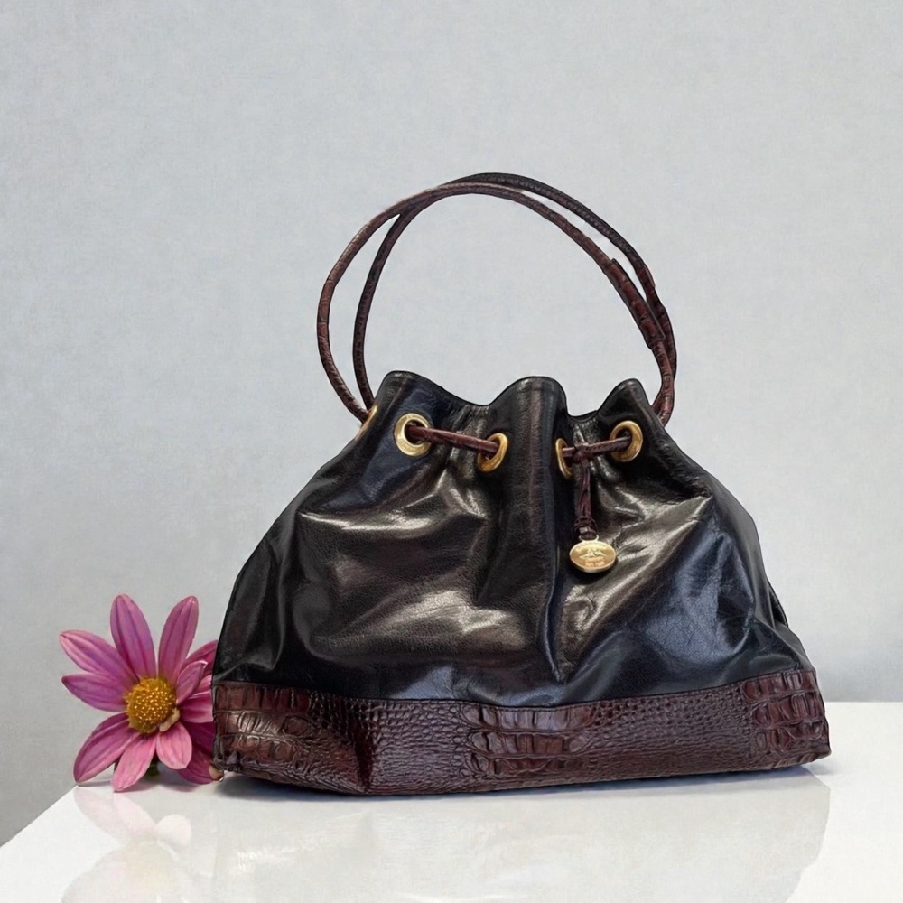 Brahmin Handbag Black Brown Shoulder Bag Purse Croc-Embossed  Melbourne Leather